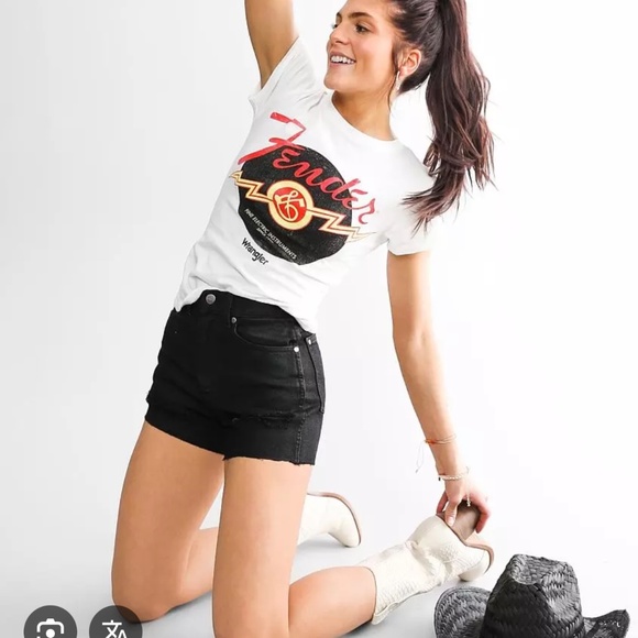 Wrangler X Fender High Rise Festival Black Shorts and Shrunken T-Shirt
